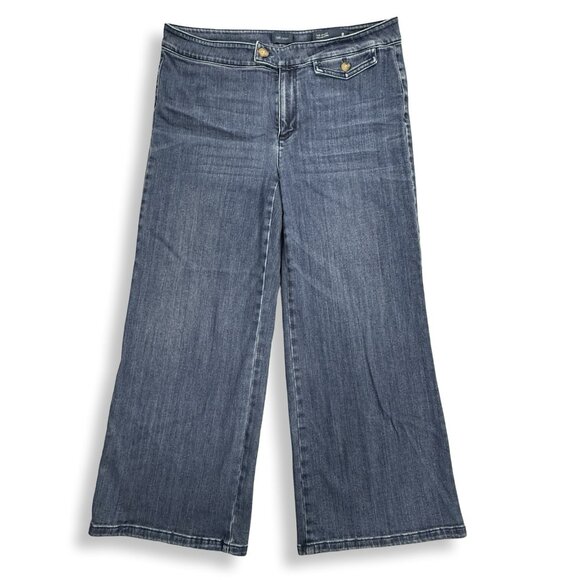 J Jill Jeans Womens 8 Wide Leg Tab Waist Cropped Blue Denim Stretch Capri Pants - Picture 1 of 9